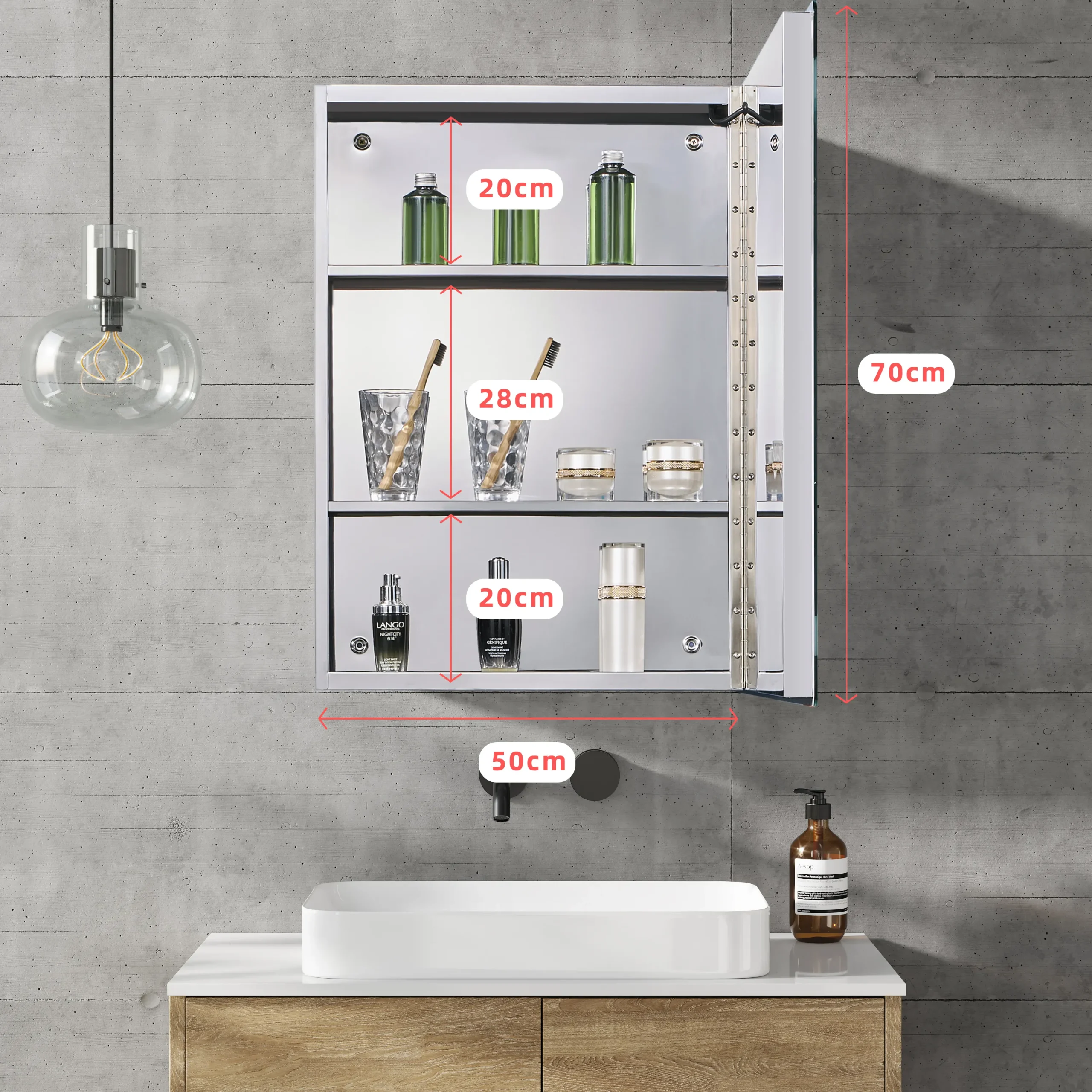 Stainless Steel Bathroom Mirror Cabinet IP44 Waterproof Storage Cabinet