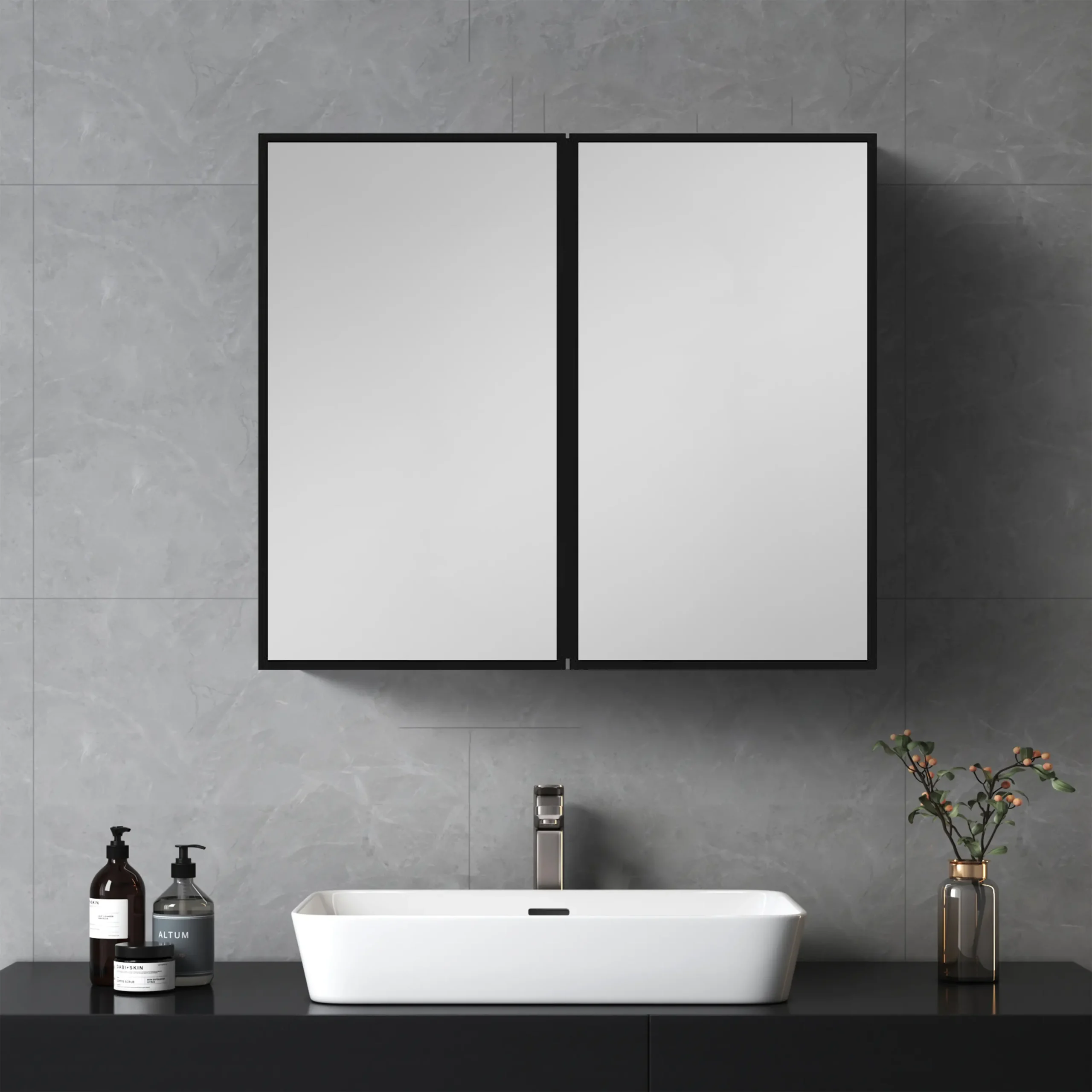 26*30 inches Black Metal Framed Wall mount or Recessed Bathroom Medicine Cabinet with Mirror