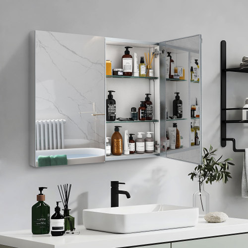 30×26 Inch Double Door Mirror Medicine Cabinet Surface Mount or Recess Aluminum